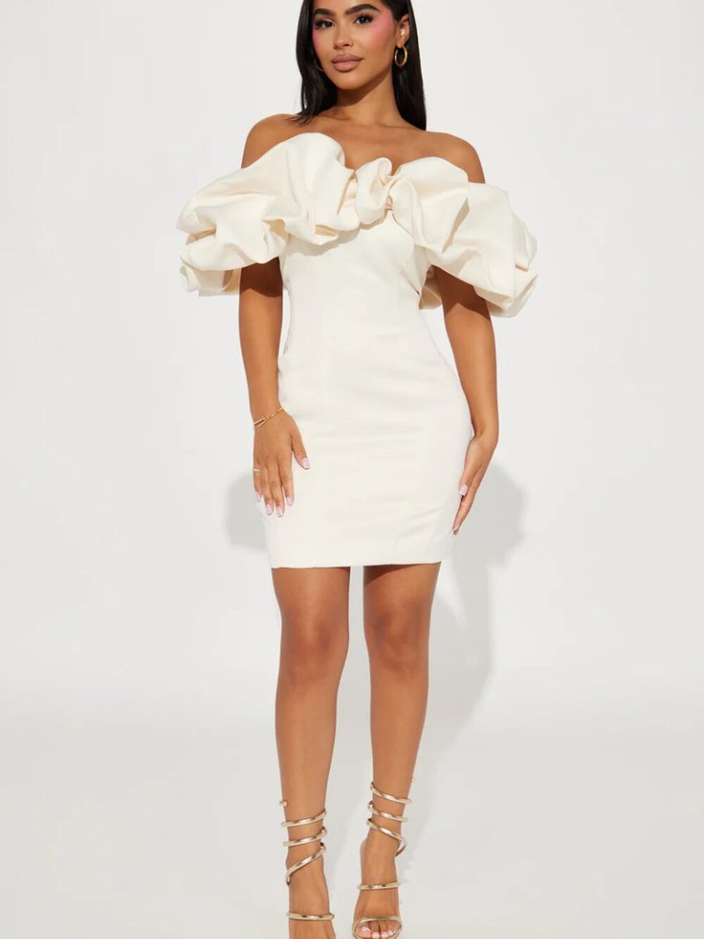NWT Fashion Nova Parisian Nights Mini Dress Cream Off Shoulder - Picture 3 of 7